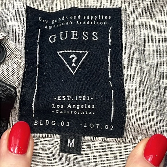 Guess gray Button down Black faux leather shoulders Men's Shirt sz medium 90s M - Picture 5 of 14
